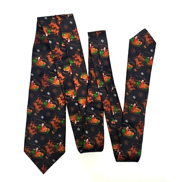Vintage JZ Boulder Silk Tie Reindeer Santa Holiday Novelty Handmade USA Black - Picture 1 of 13